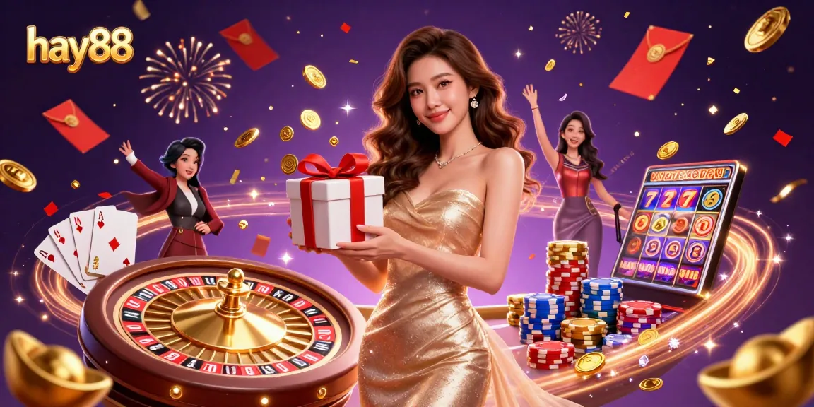 Experience the excitement of hay88 with golden coins and festive casino elements in a vibrant 3D illustration.