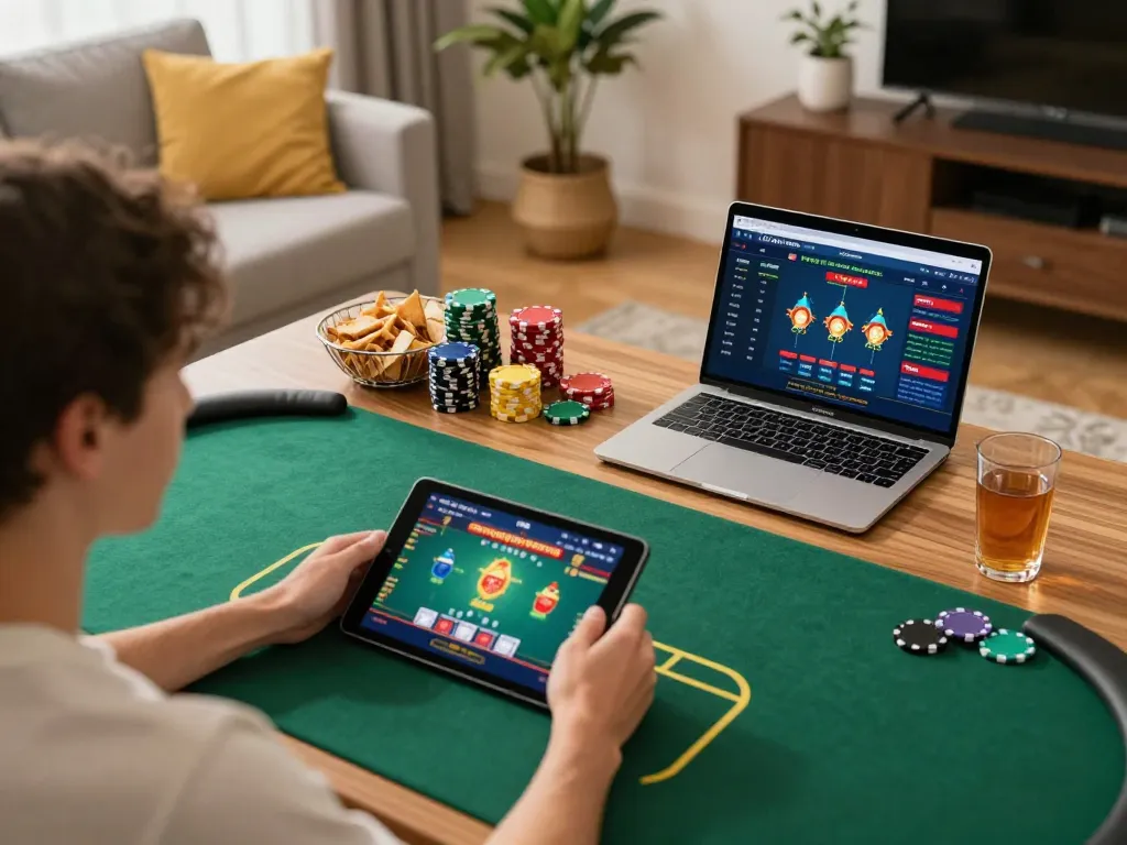 Engage in online gaming at https://sc88.social/ with a cozy setup showing a user playing poker on a tablet