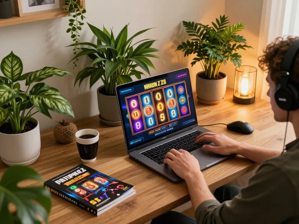 Duitgini gaming setup with person playing online slots on a laptop, showcasing an engaged, comfortable atmosphere.