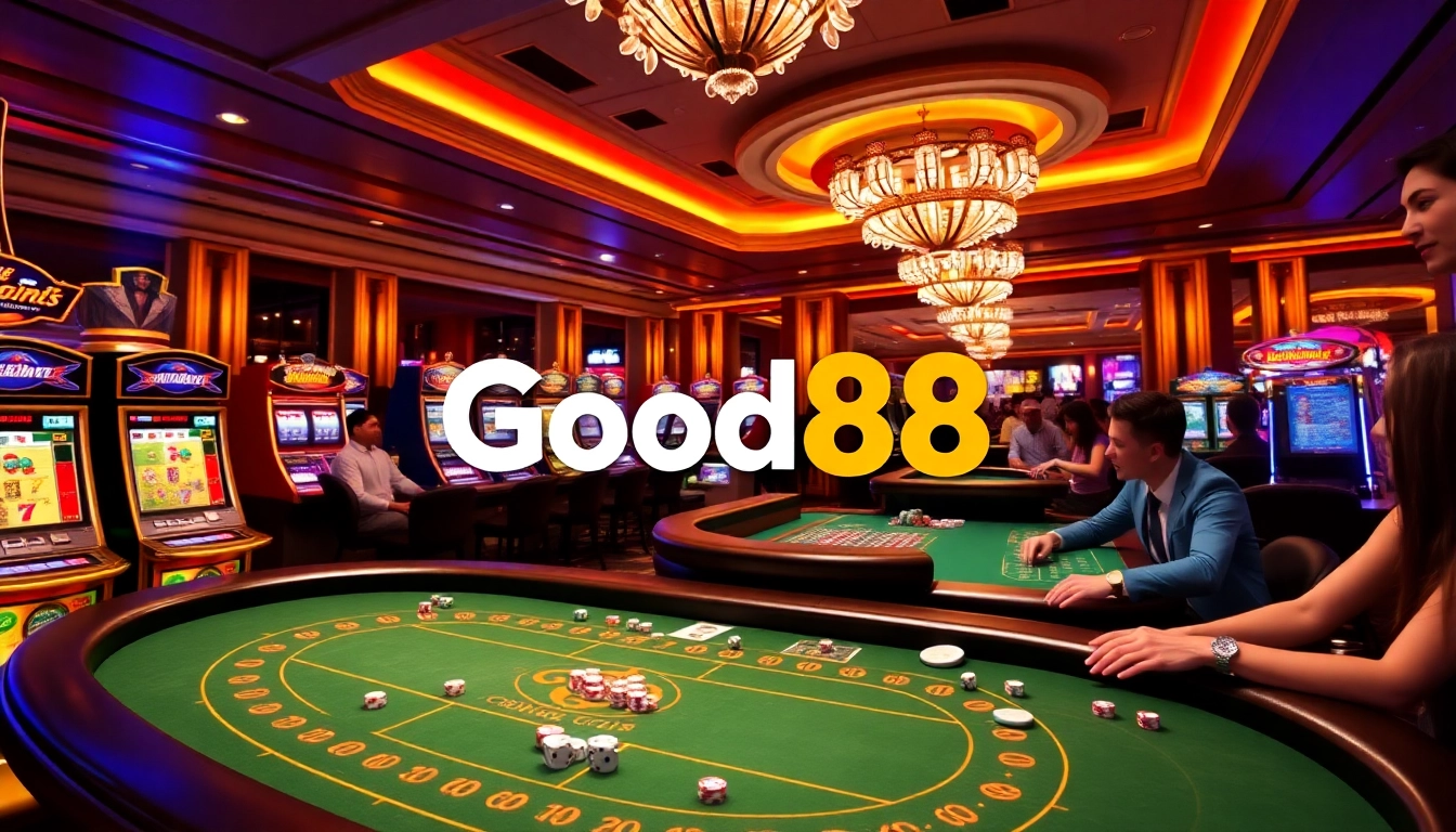 Players winning at Good88 Casino tables showcasing colorful chips and vibrant slot machines.