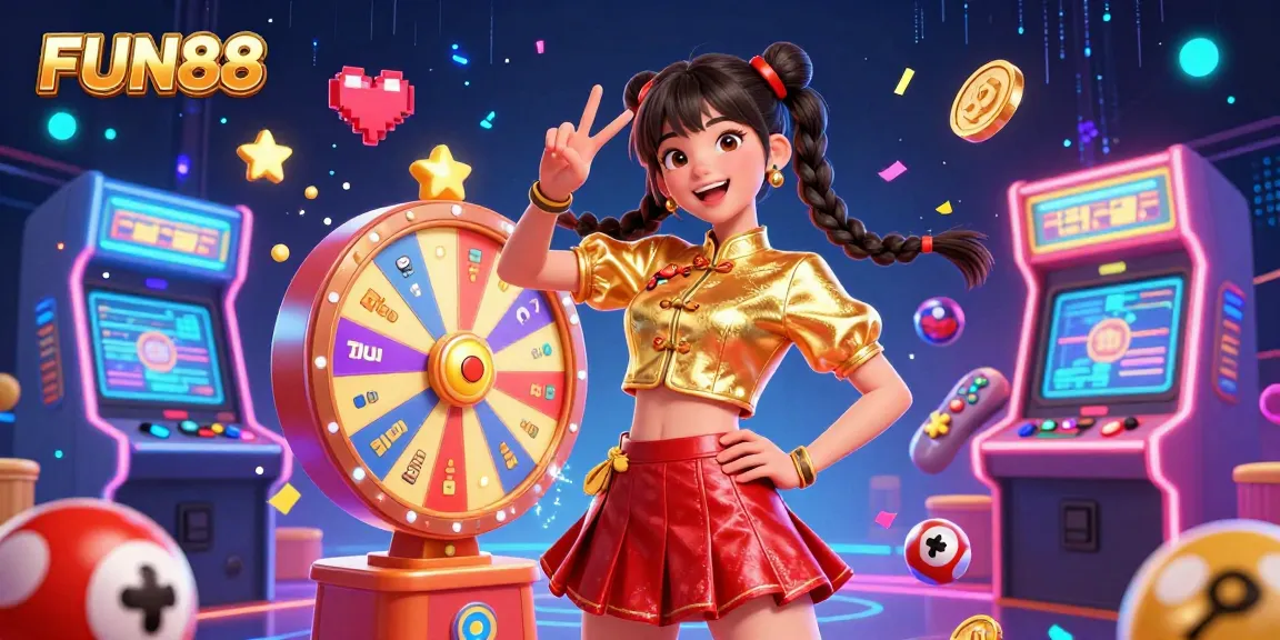 Play vibrant FUN88 casino games with colorful characters and energetic visuals, including a radiant woman in dynamic pose.