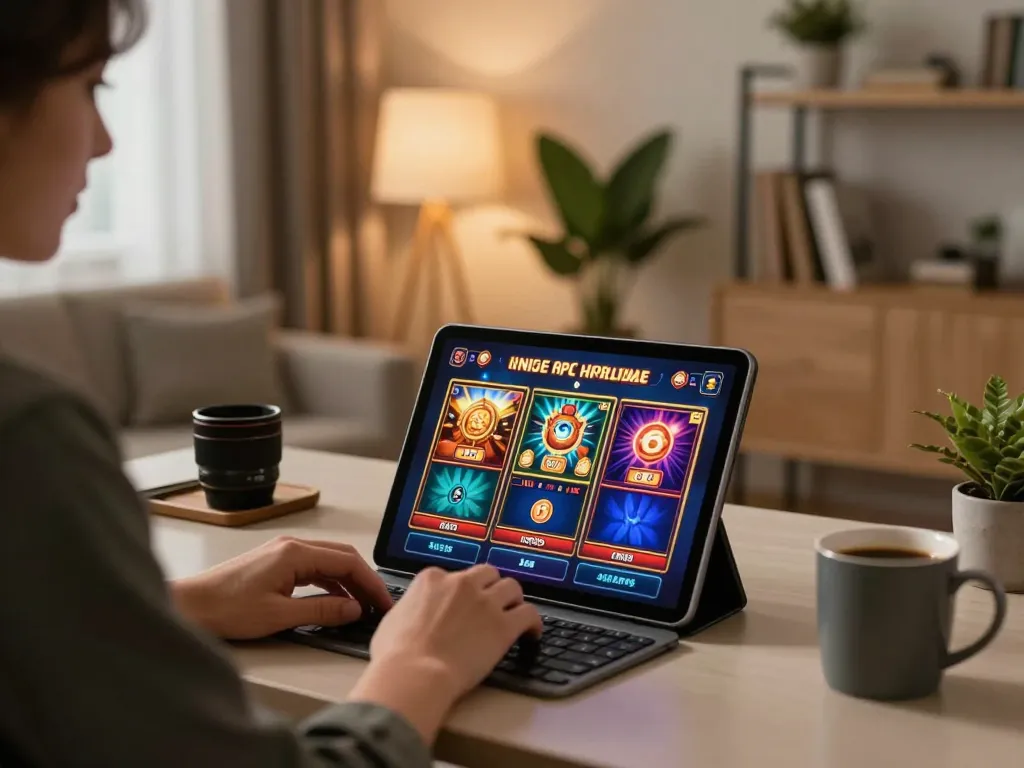 Engaging in Cá cược Vk88 online gaming at home with tablet, warm lighting, perfect for strategic play