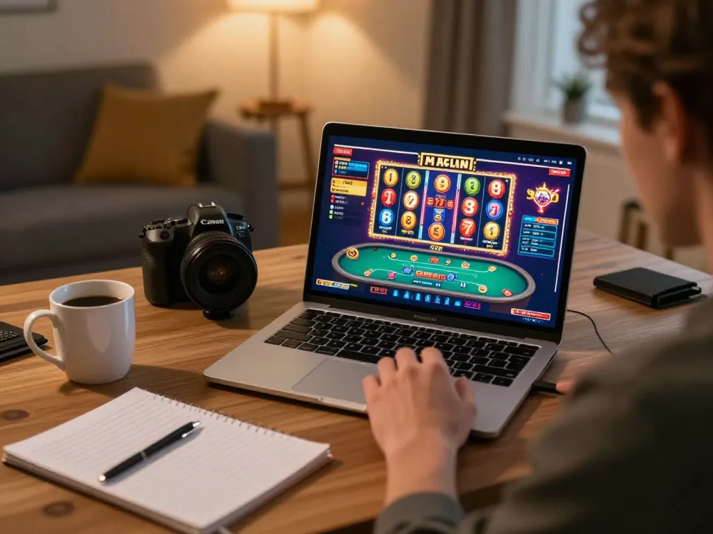 Engaging online fun 79 gaming experience with a player enjoying slots on a laptop, showcasing excitement and strategy.
