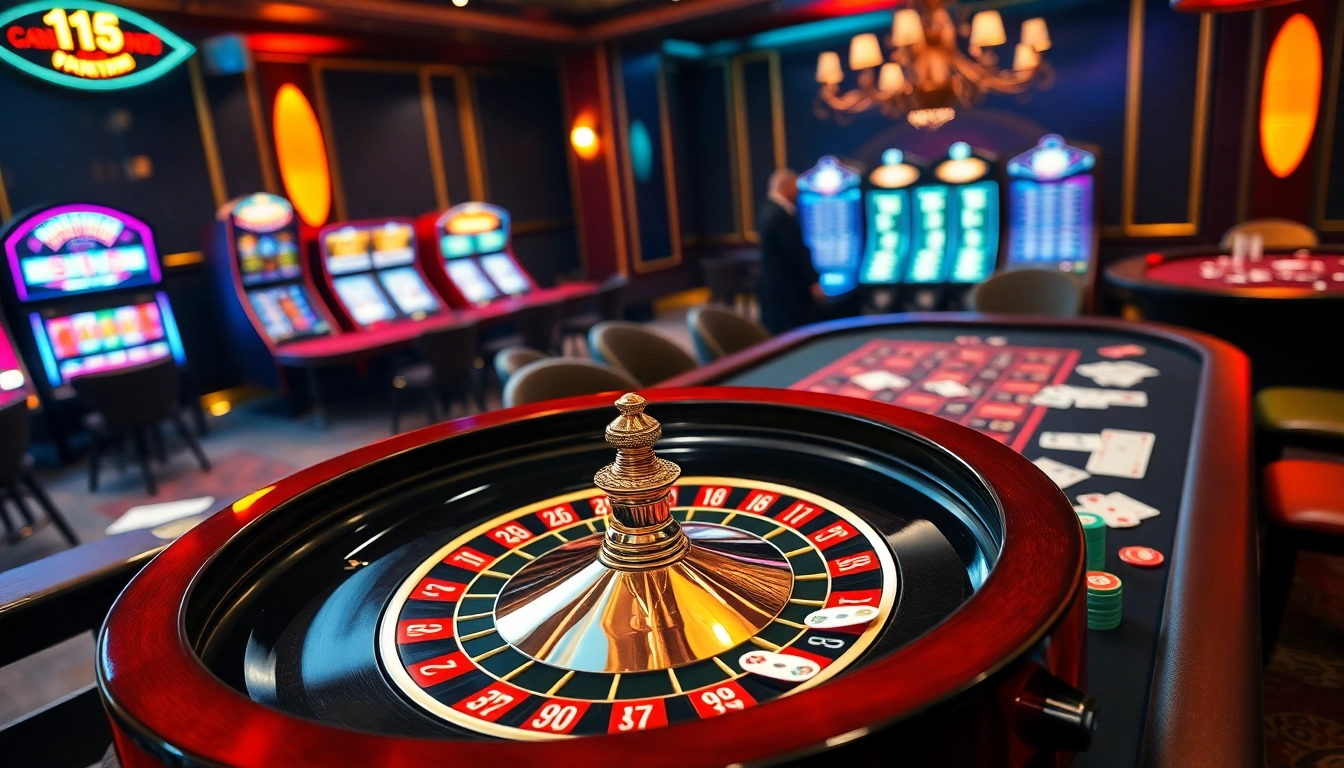 Experience thrilling gameplay at https://sky88.tel/ with a luxurious casino layout featuring roulette and poker tables.