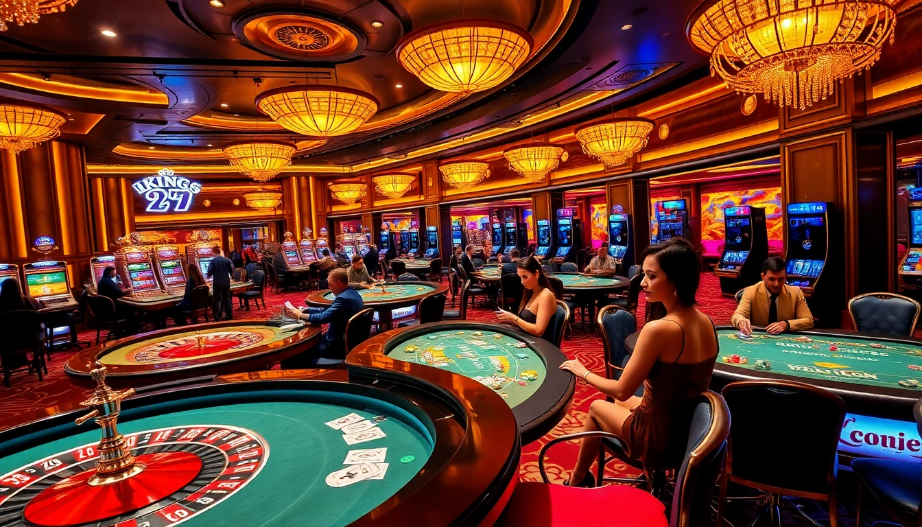 Gamble at king79's luxurious casino, featuring poker tables and vibrant roulette action.