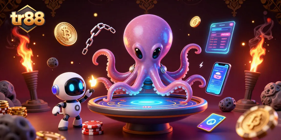 Tr88 online casino featuring a 3D alien octopus playing poker amidst glowing crypto elements.