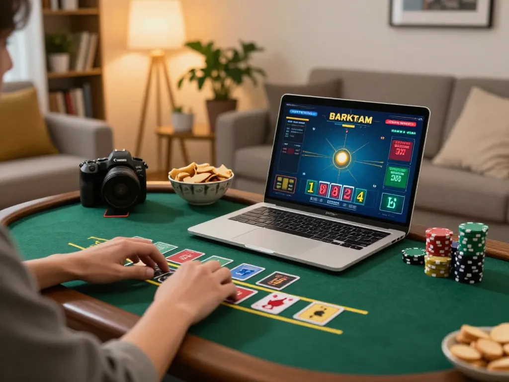 Player strategizing in a home casino setup with ta888 blackjack on screen, showcasing focused gameplay experience