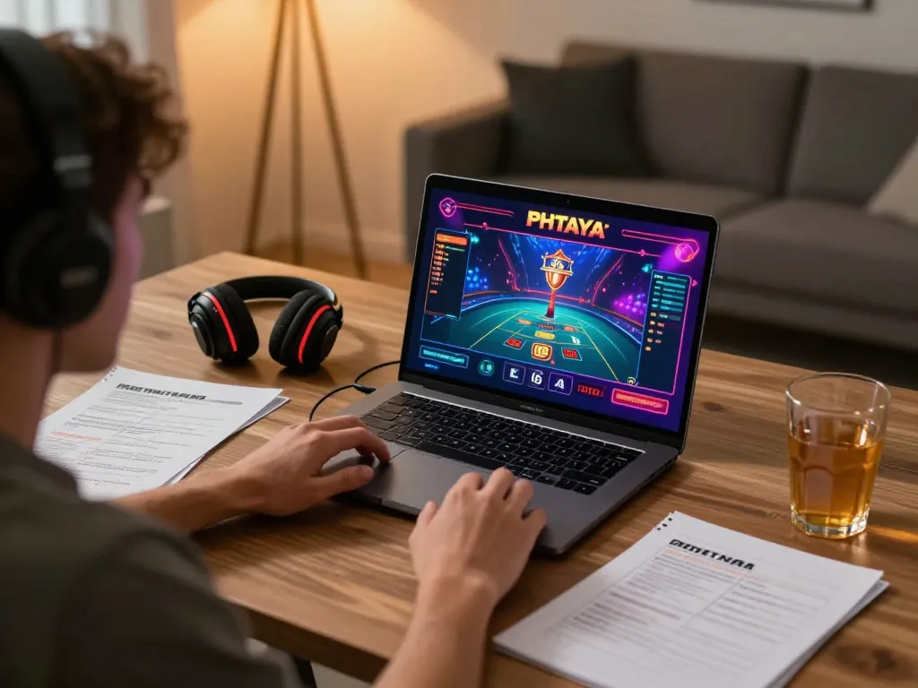 PHTAYA player strategizing in a home office while engaging with live casino games online.