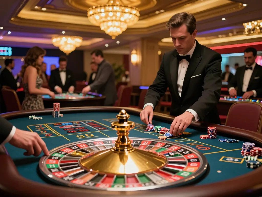 man88a roulette table action captures players eagerly betting and a spinning wheel in an upscale casino setting.