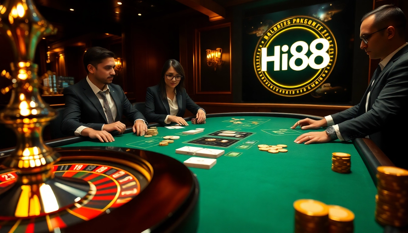 Experience high-stakes action at Hi88 poker table with shimmering chips and players focused on winning.