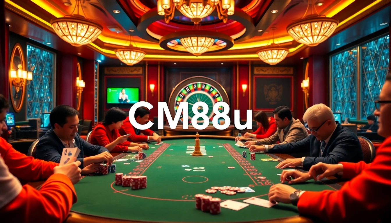 Engaged players strategizing at a poker table in the luxurious CM88u casino.