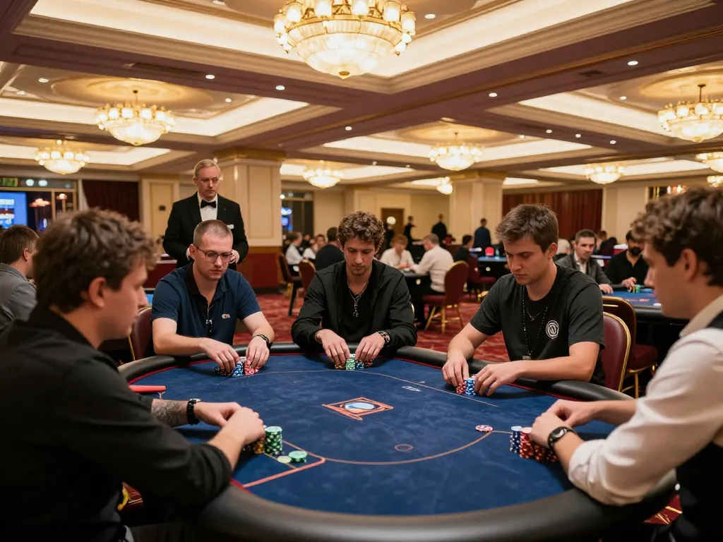TR88 poker players strategizing during an intense tournament in a luxurious casino atmosphere