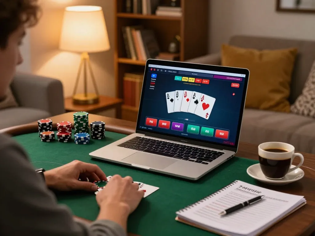 MM88 player focused on winning strategies during online poker game at home.