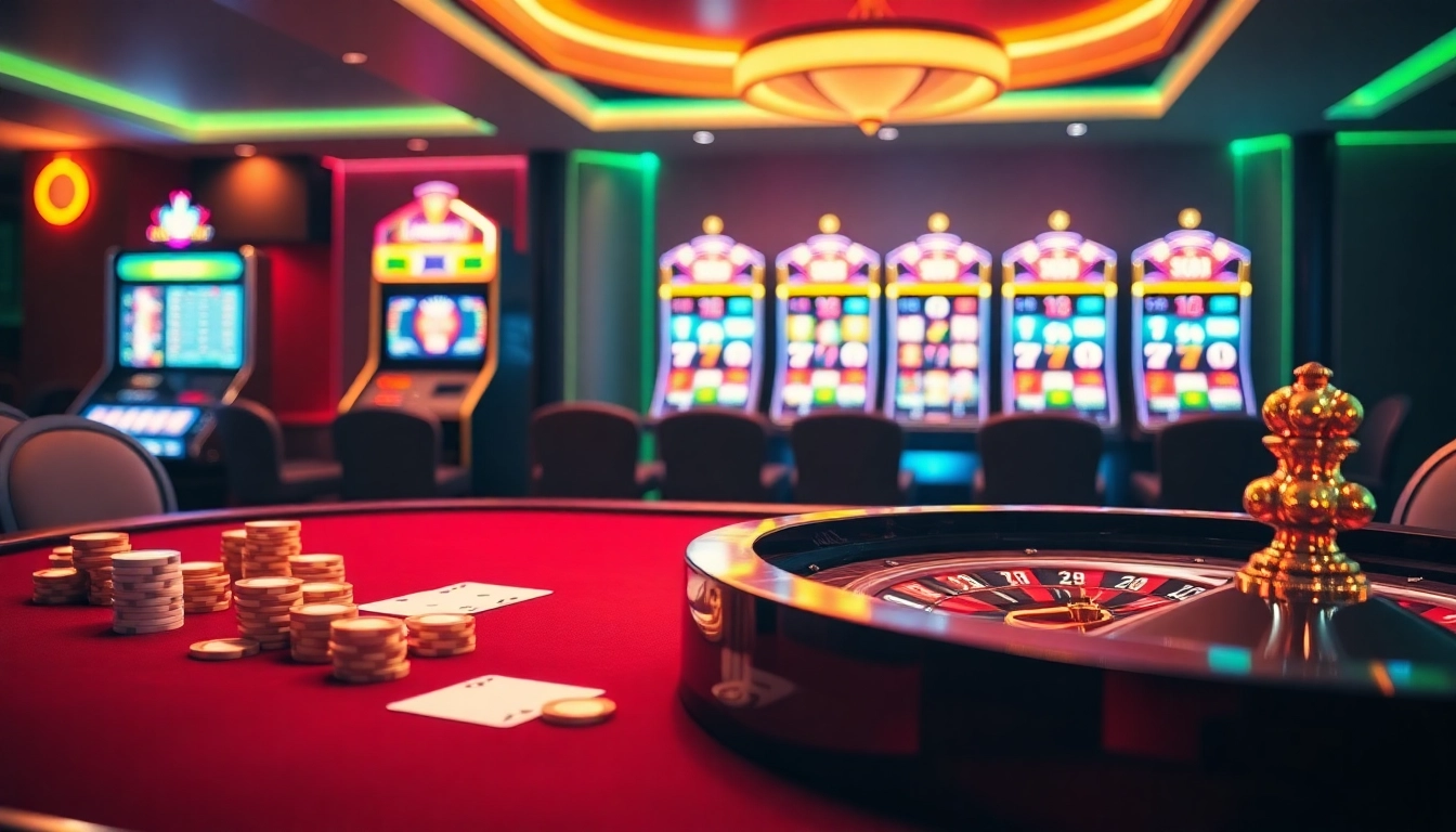Players engaging with gk88 at a vibrant modern casino, showcasing poker chips and roulette excitement.