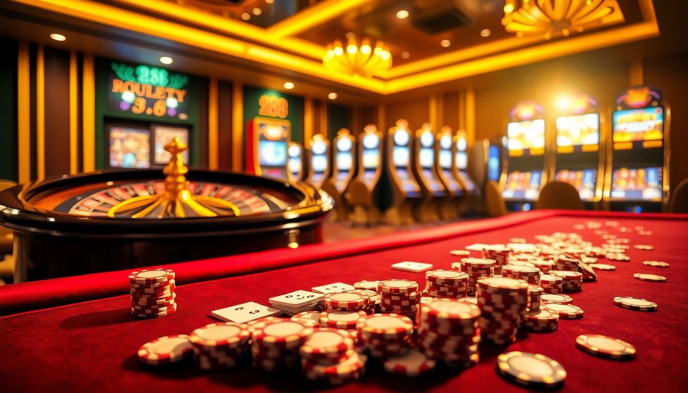 RR88 casino scene with vibrant tables and poker chips highlighting gaming excitement.