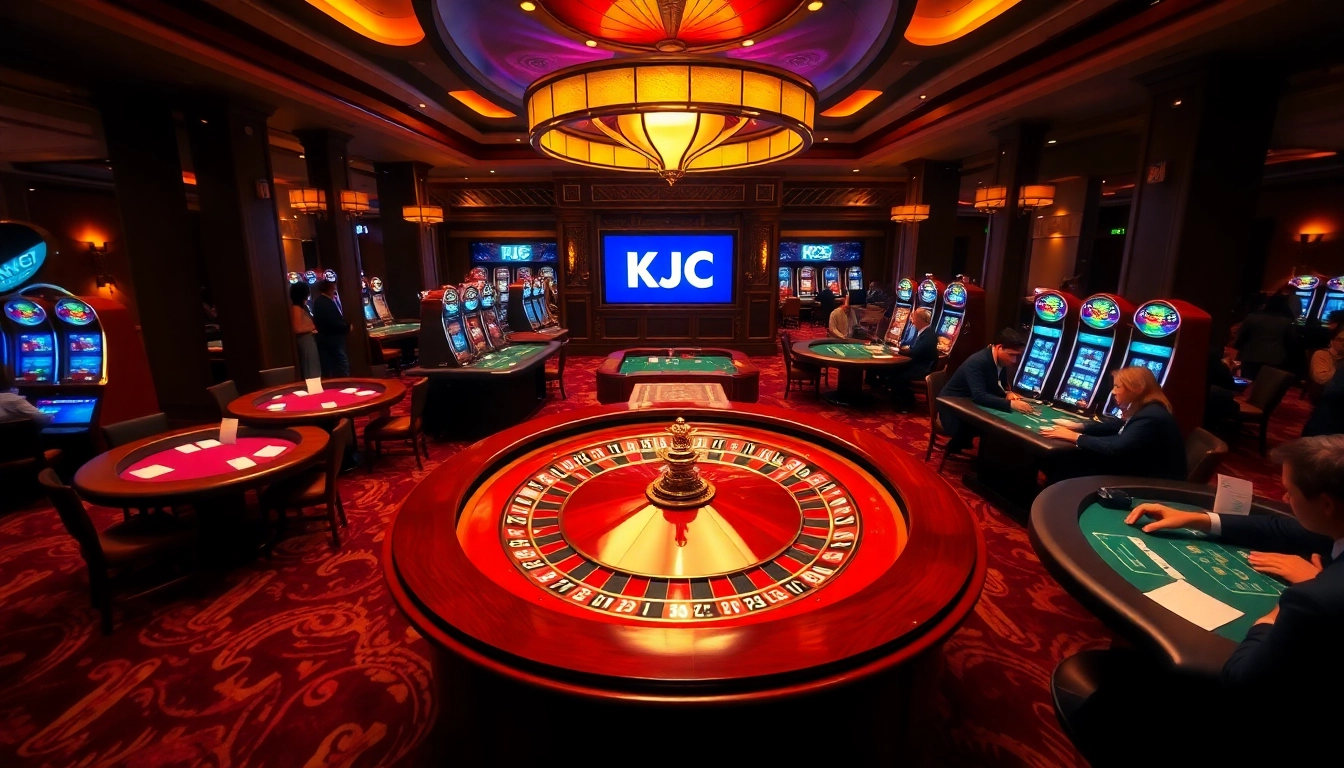 Casino scene showcasing players at KJC-themed tables, emphasizing strategy and excitement in gaming.
