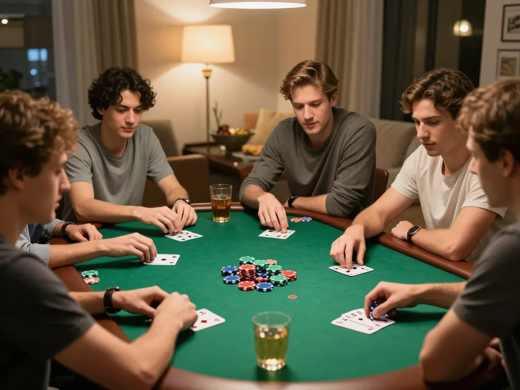Enjoying an exciting poker game night with friends at home, showcasing a lively atmosphere and strategic play.
