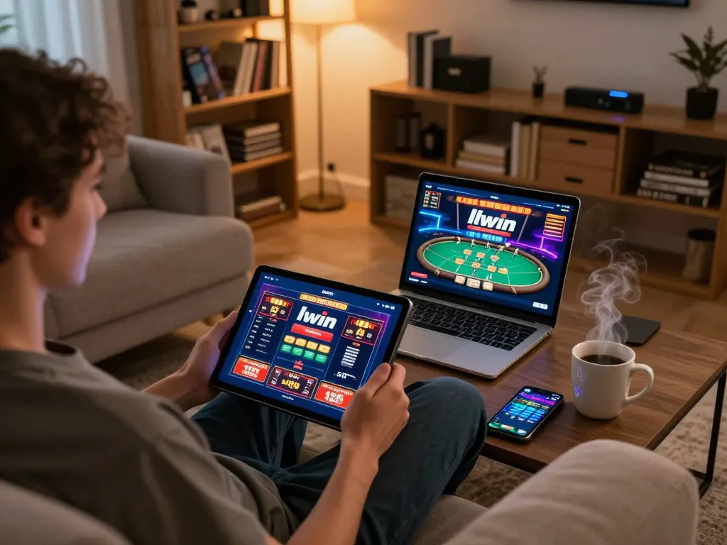 Person using llwin Download app on tablet for online casino gaming with a cozy home setting.