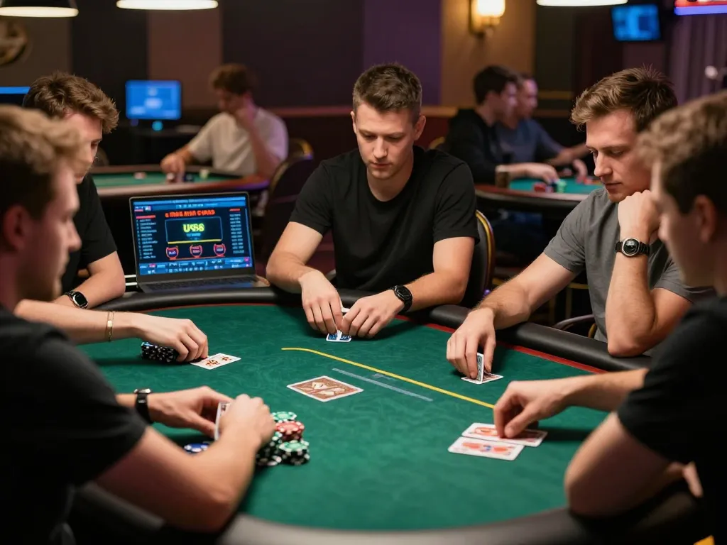 Players engaged in a poker game on https://uk88.ru.com/, showcasing competitive card play amid a social atmosphere.