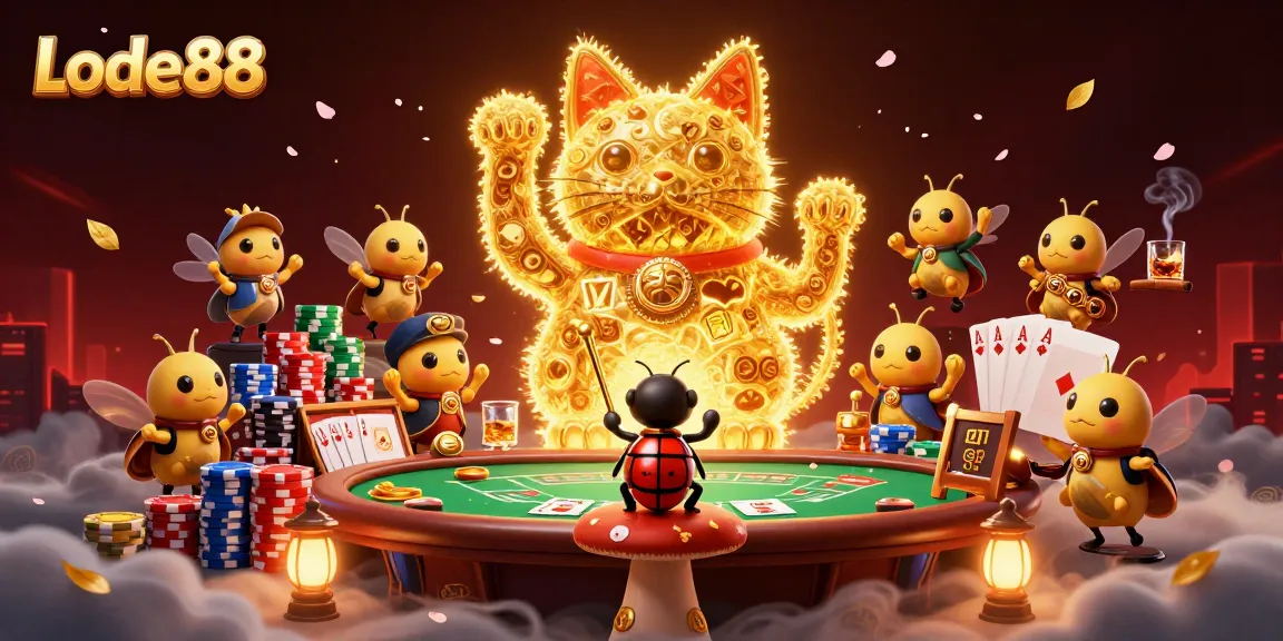Experience Lode88 as golden fireflies embody a lucky cat amid vibrant casino symbols.