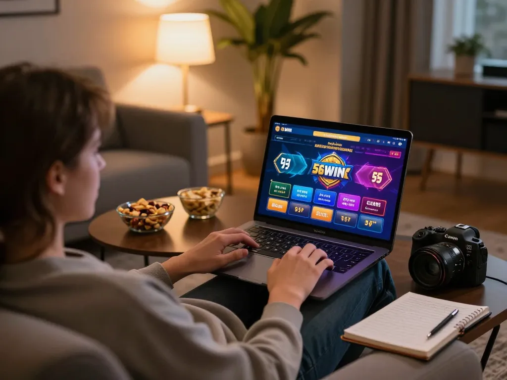Player enjoying online casino gaming at home with 56WIN interface on a laptop, capturing immersive atmosphere.