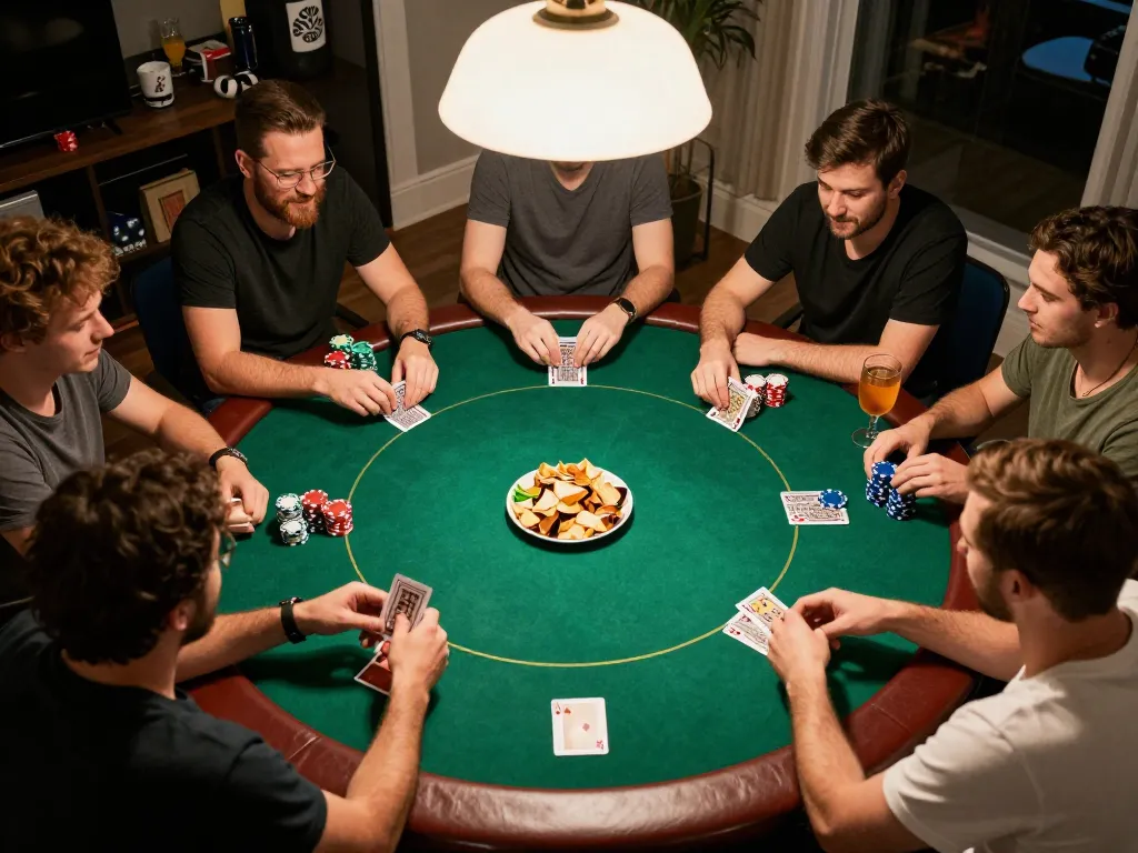 Players enjoying a lively poker night with ALO8 at center table, chips and cards visible, warm ambiance.
