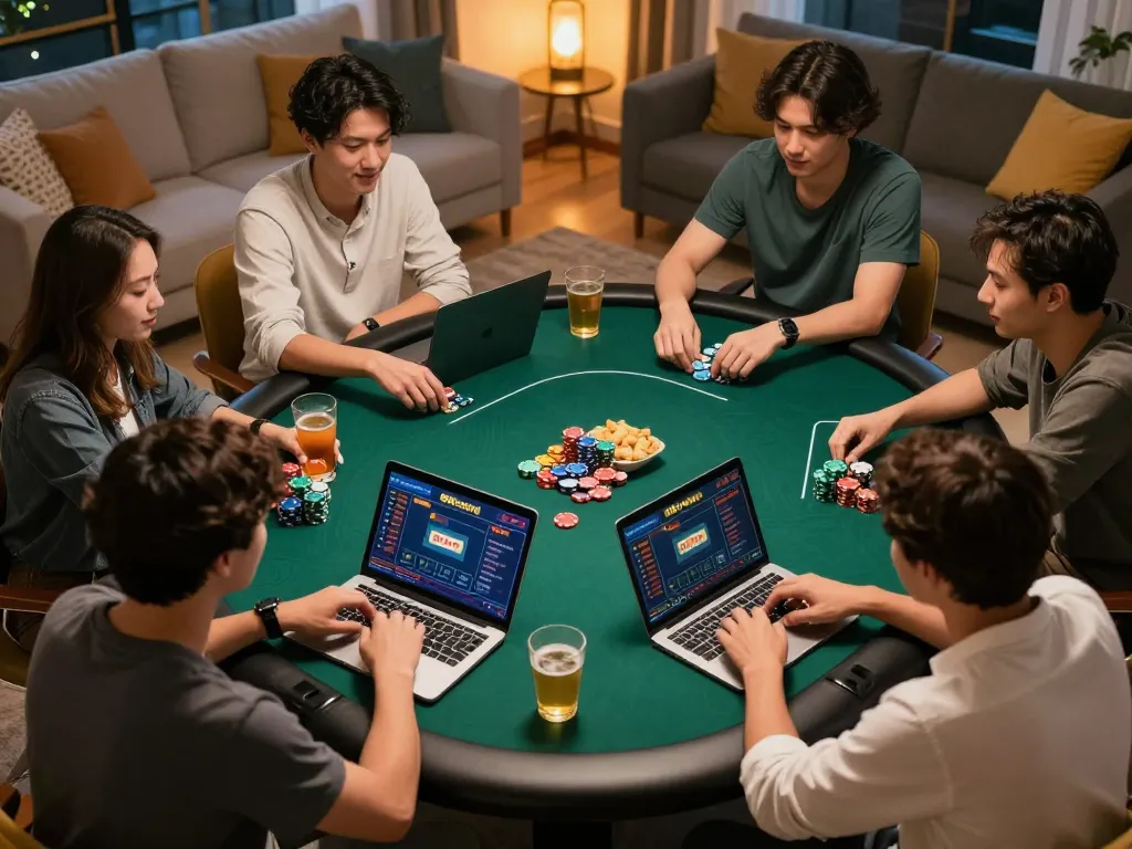 Friends enjoying an engaging online poker night on 88xeng, with laptops and chips visible, creating a cozy gaming atmosphere.