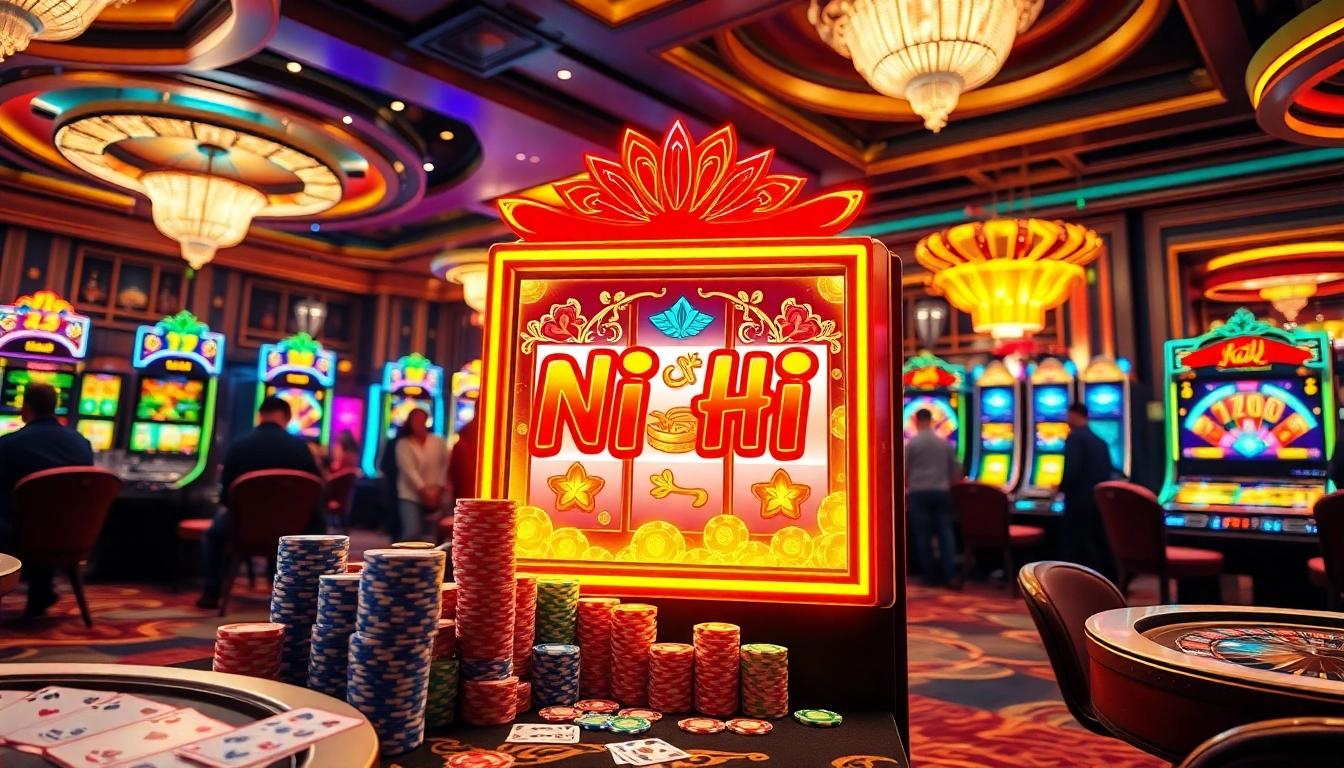 Playing nổ hũ in a luxurious casino environment with vibrant slot machines and poker chips.
