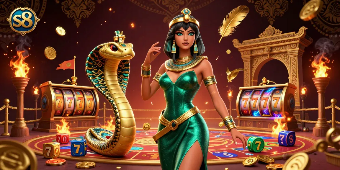 S8 offers dynamic gaming experiences with a stunning 3D woman and golden cobra amidst casino slots and vibrant tokens.