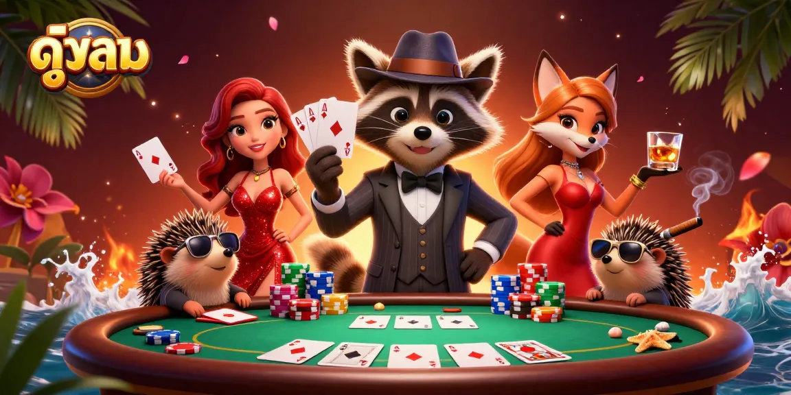 Experience ดูบอล with a cartoon raccoon at a vibrant poker table, showcasing thrilling gameplay.