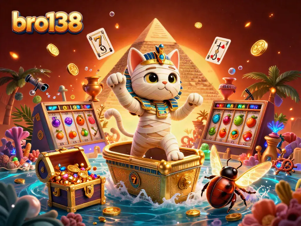 Spin the reels at bro138, featuring a vibrant scene with 3D mummy cat and glowing scarab in a colorful pyramid casino.