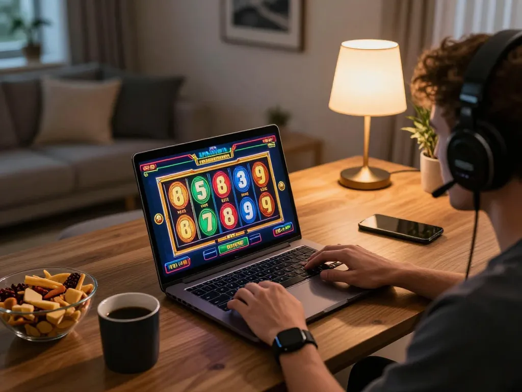 Engaging in a thrilling U888 slot game on a laptop in a cozy home setup