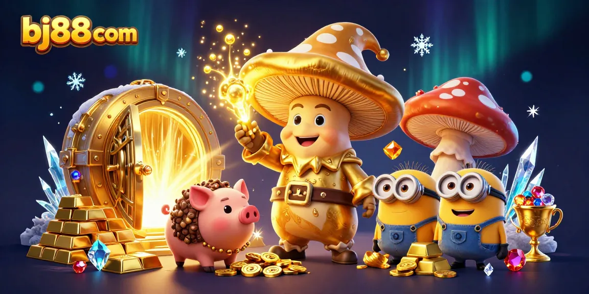 Win big at bj88 com with this vibrant casino-themed illustration showcasing magical treasures.