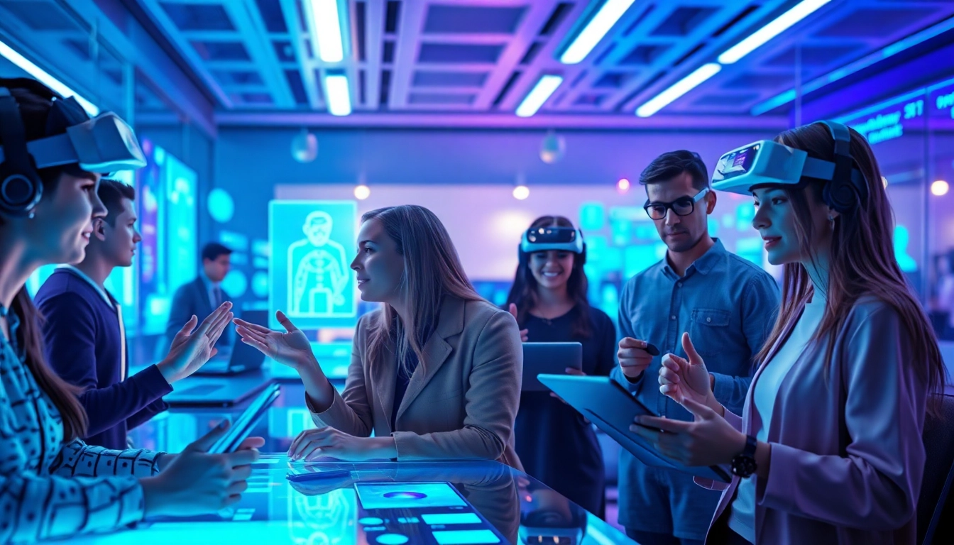 Engaging interaction with crushon AI avatars in a futuristic workspace.