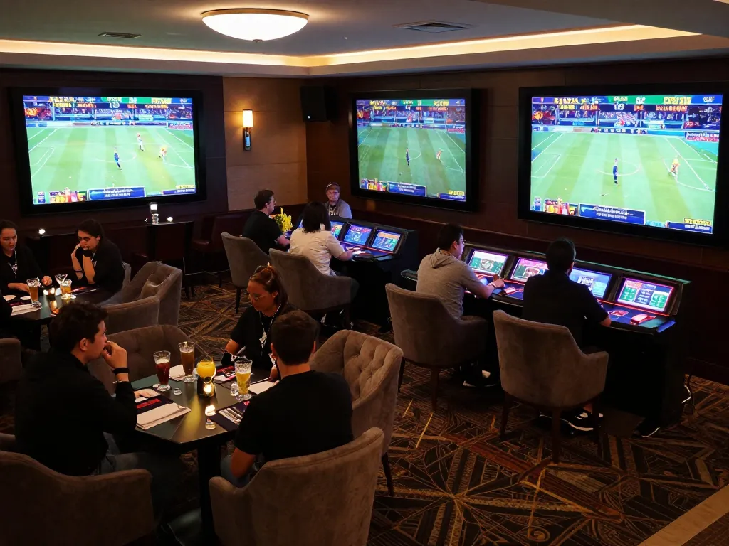 mb668 players cheering while placing bets in a luxurious sports betting lounge
