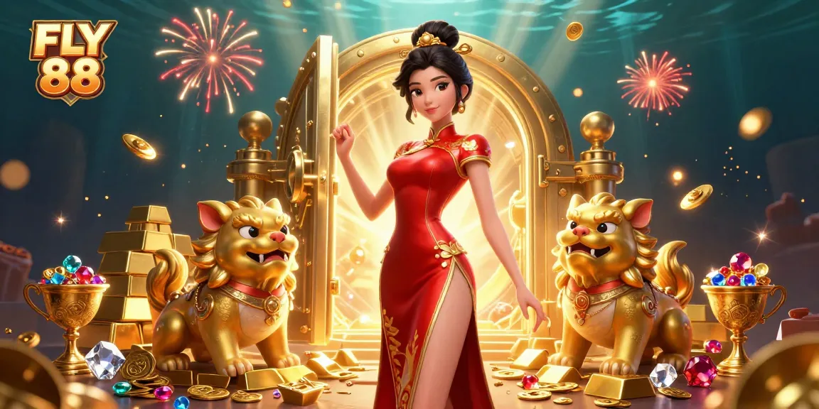 FLY 88 showcases a glamorous Asian woman with golden foo dogs amidst explosions of gold coins in an extravagant gambling scene.