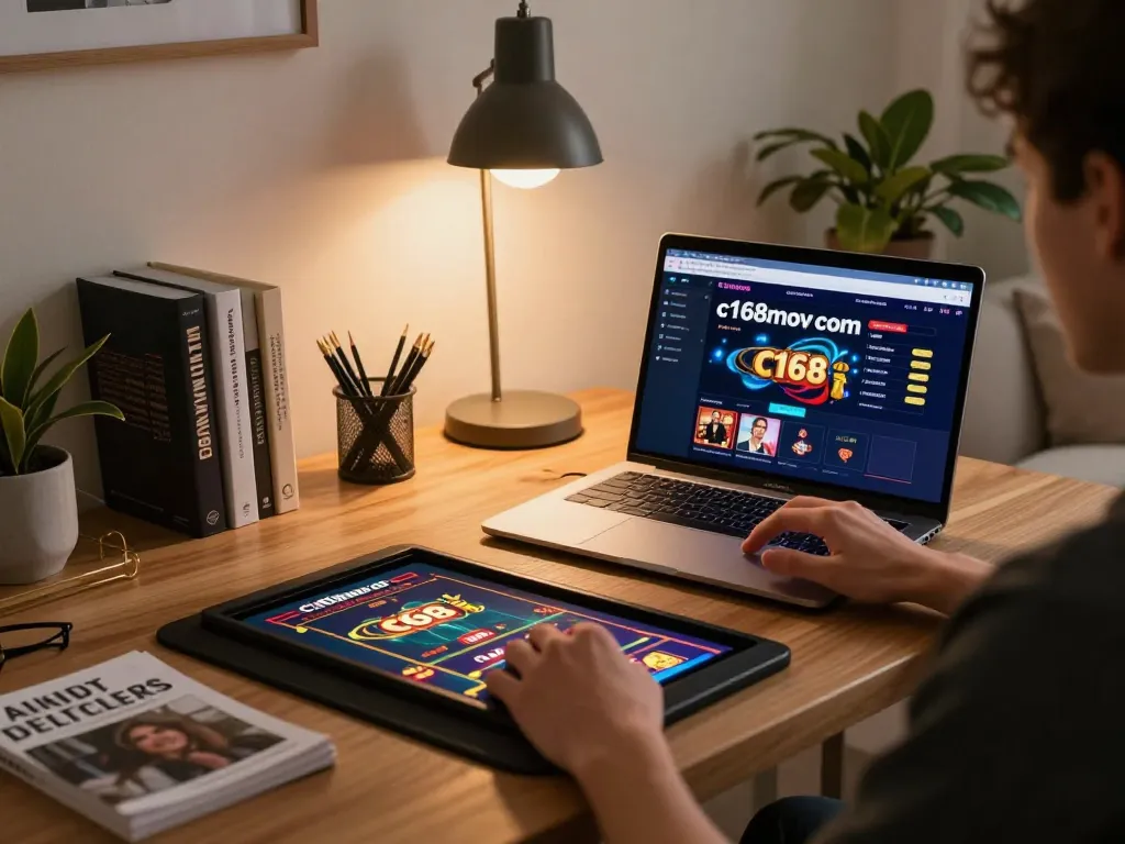 Player engaging with c168mov com online casino interface on a sleek laptop amidst a cozy home office.