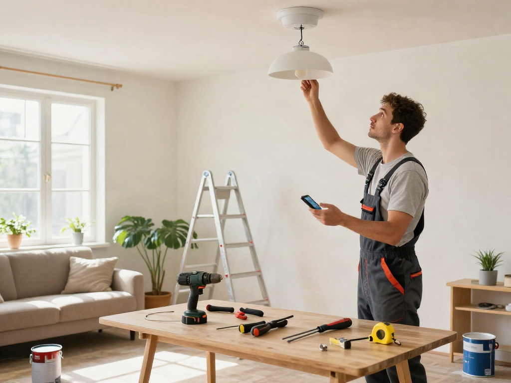 Handyman providing home repair services Des Moines Iowa while installing a light fixture in a cozy living room.