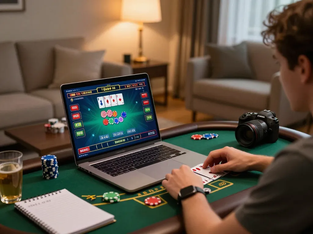 An engaged player exploring xx88 online baccarat with a cozy setup, displaying strategy notes.