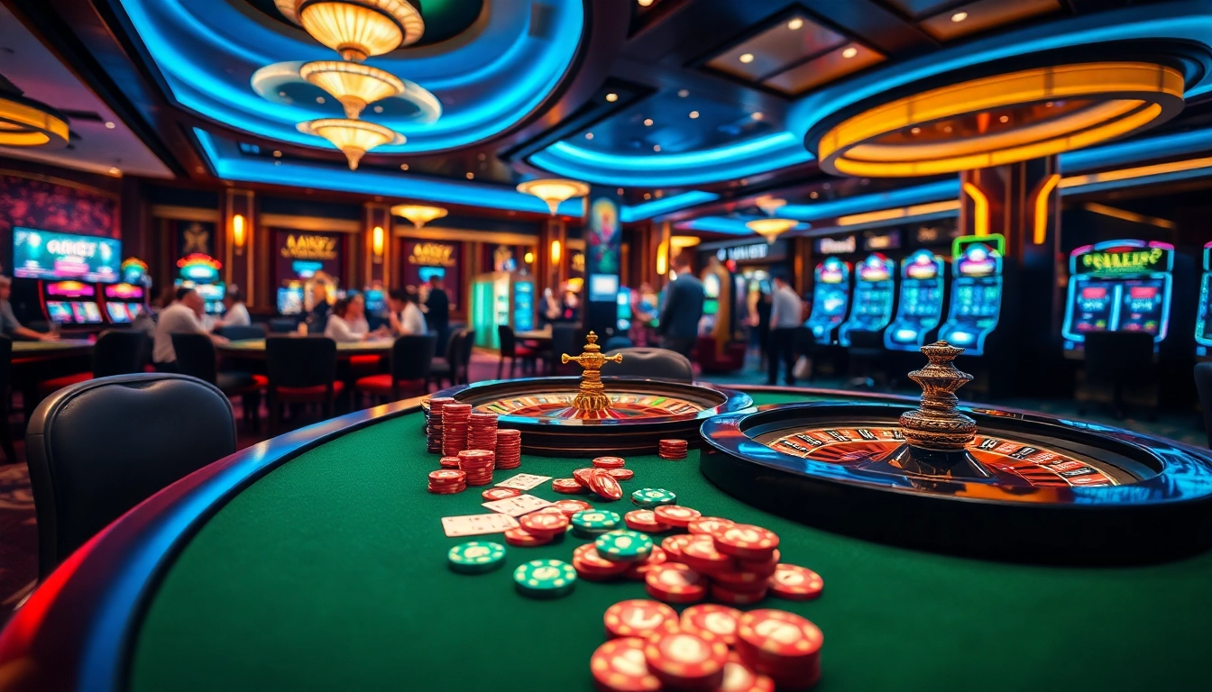 A lively casino scene featuring gaming tables, poker cards, and slot machines, showcasing excitement at ok365t.fit.