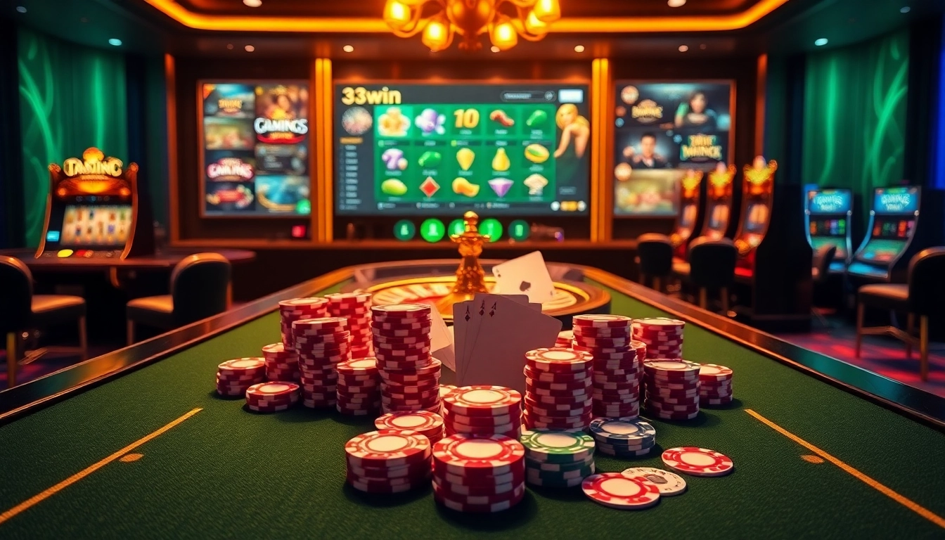 Experience the thrill of 33win with vibrant casino tables and engaging online gaming interfaces.