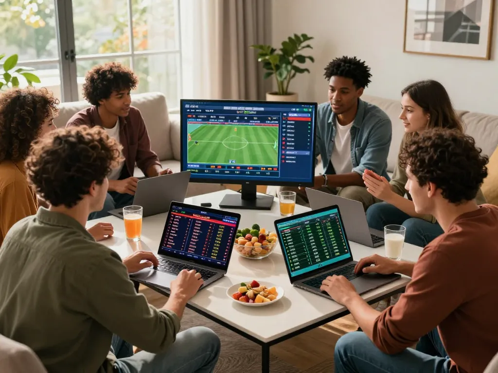 Exciting online sports betting scene with friends analyzing zbet odds on multiple devices.