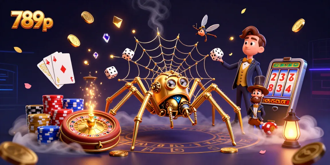 Win big with 789p as the golden spider captures dice in a rich casino scene.