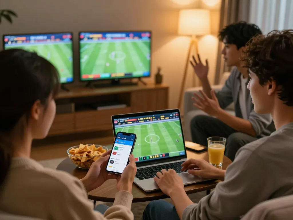 Friends engaging in sports betting via trang cá cược bóng đá app, excitedly analyzing live matches together.