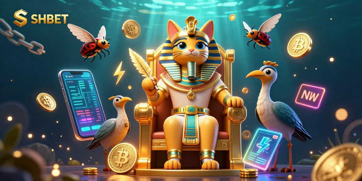 Experience thrilling gaming at SHBET with an immersive 3D casino illustration featuring Egyptian motifs and cryptocurrency elements.