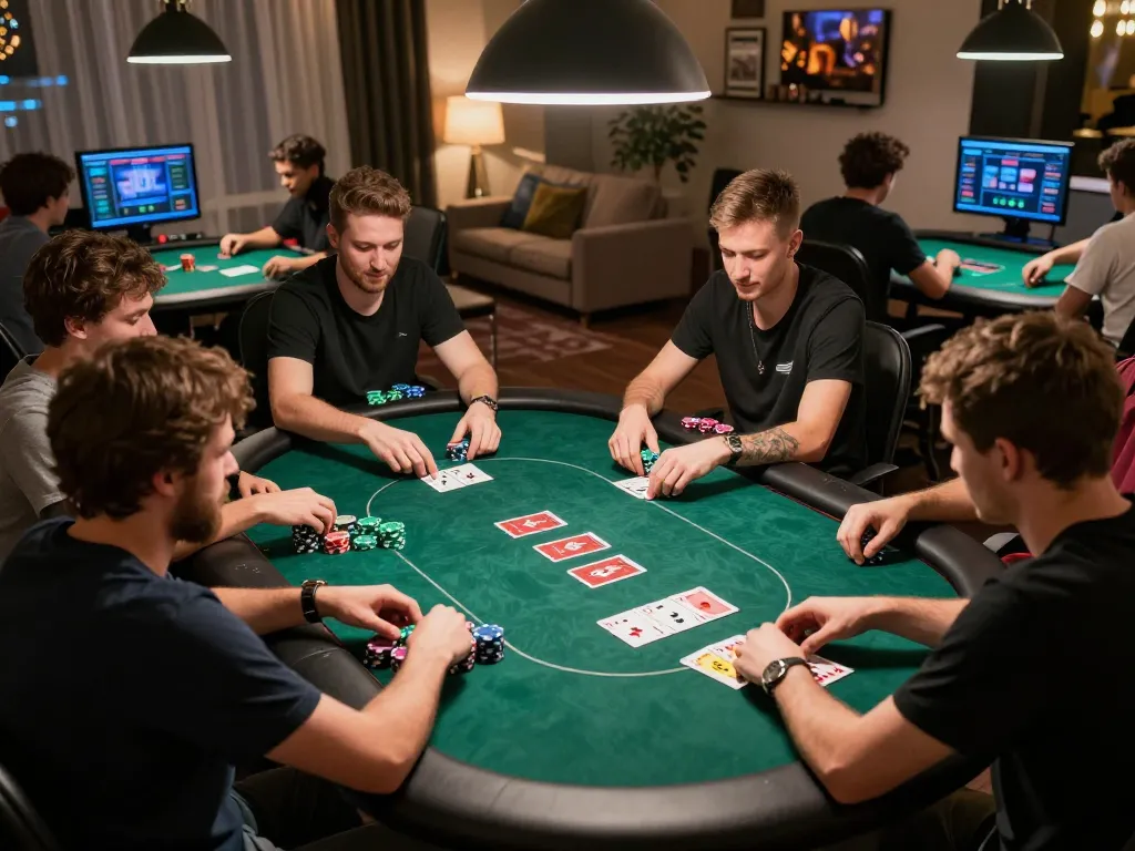 Players engaged in an exciting online poker game on rik88 with colorful chips and cards visible