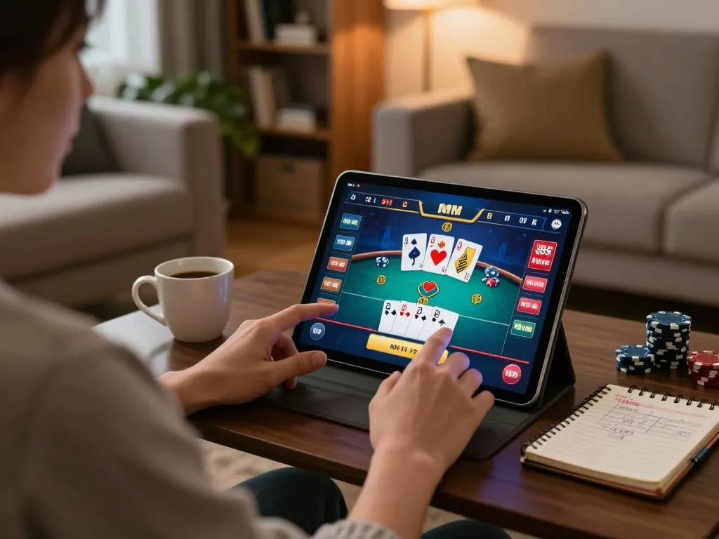 Engage with mm 88 casino gaming on a tablet in a cozy, inviting living room atmosphere.