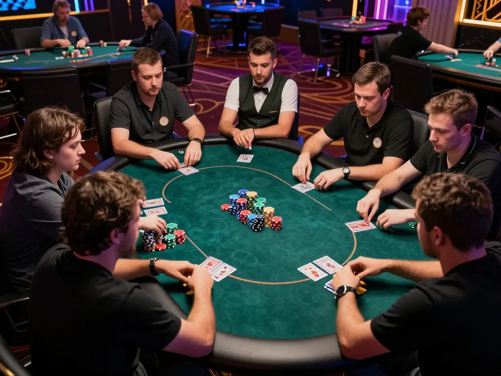 Players strategizing during a high-stakes game at 8day casino, colorful chips and cards adding excitement