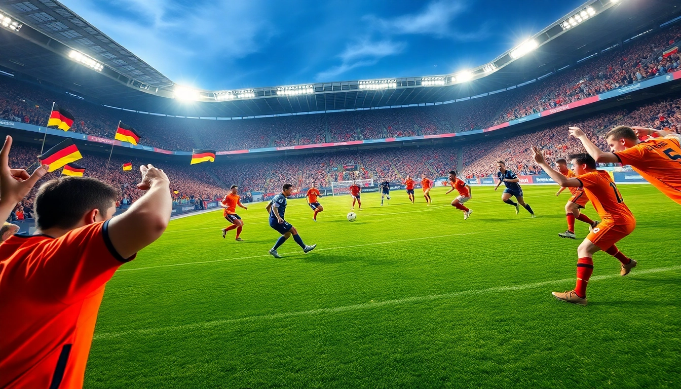 Exciting Bundesliga football match showcasing the Giải Bóng đá Vô địch Quốc gia Đức atmosphere with fans and players.
