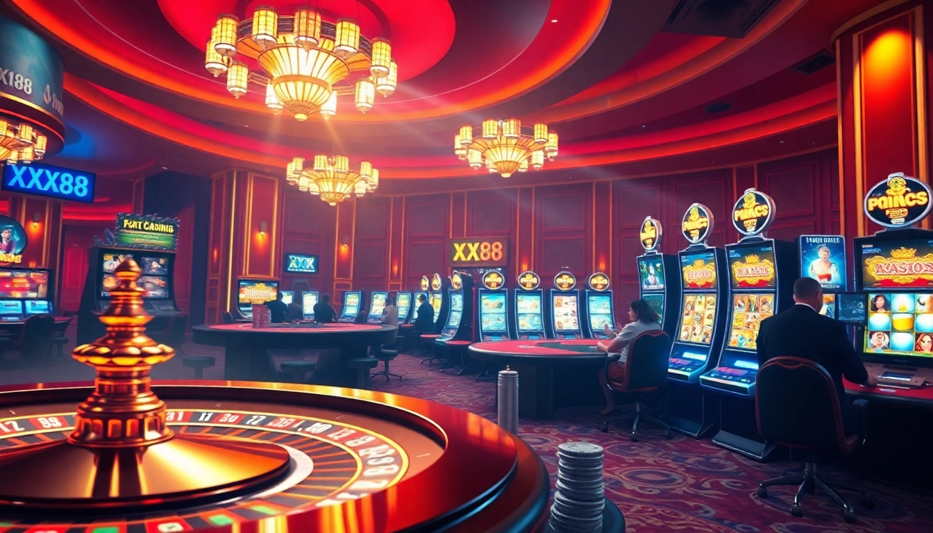 XX88 casino environment showcasing roulette, poker chips, and vibrant online gaming action.